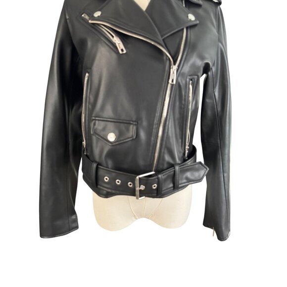 ZARA Small Black Faux Leather Belted Jacket Belted Waist & Zipper Pockets - Picture 6 of 15